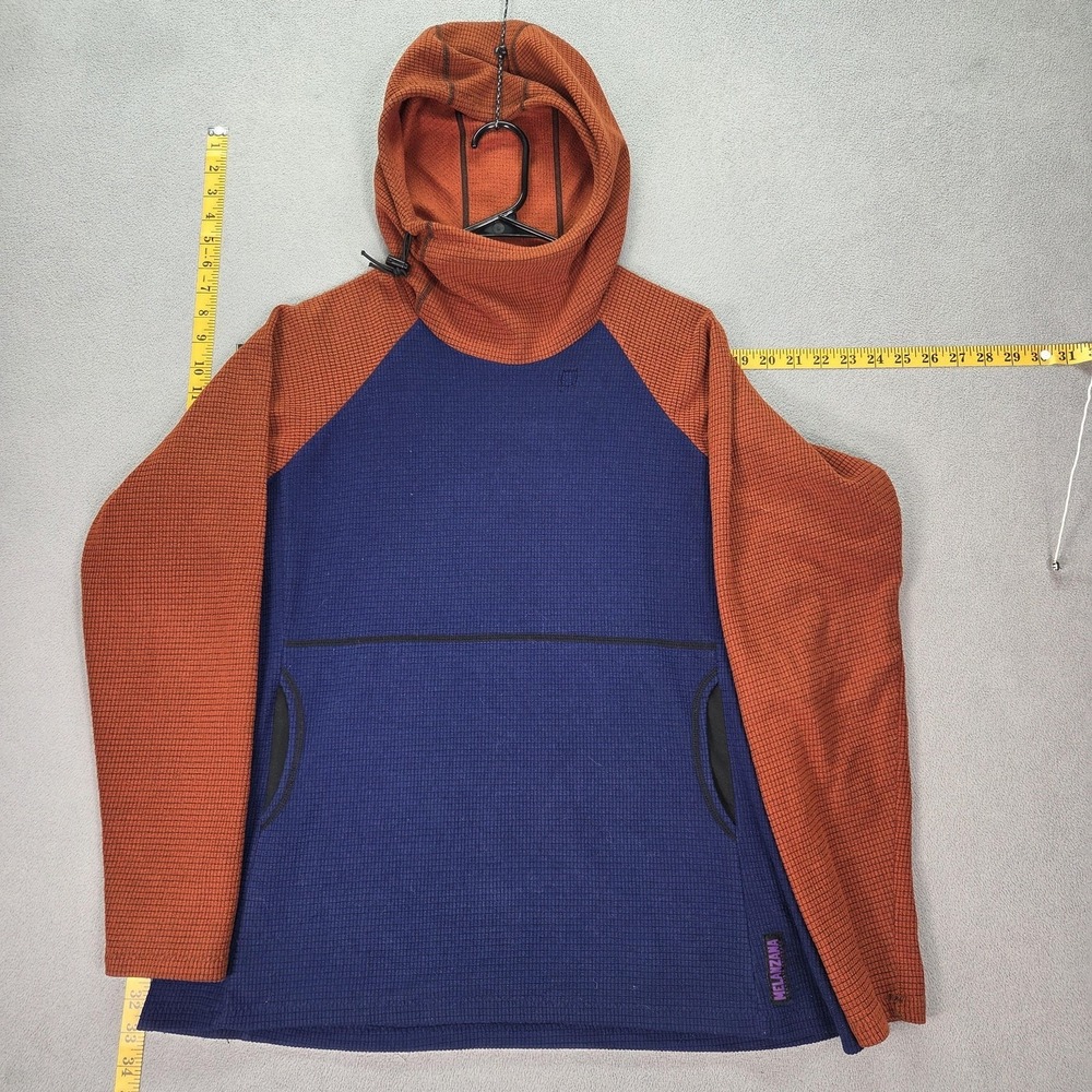 Melanzana Hoodie Womens XL Blue Orange Grid Fleece Cowl Neck Pullover Patched